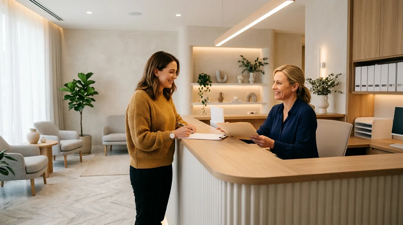 Patient reviewing affordable dental care options and financing paperwork at a dental office