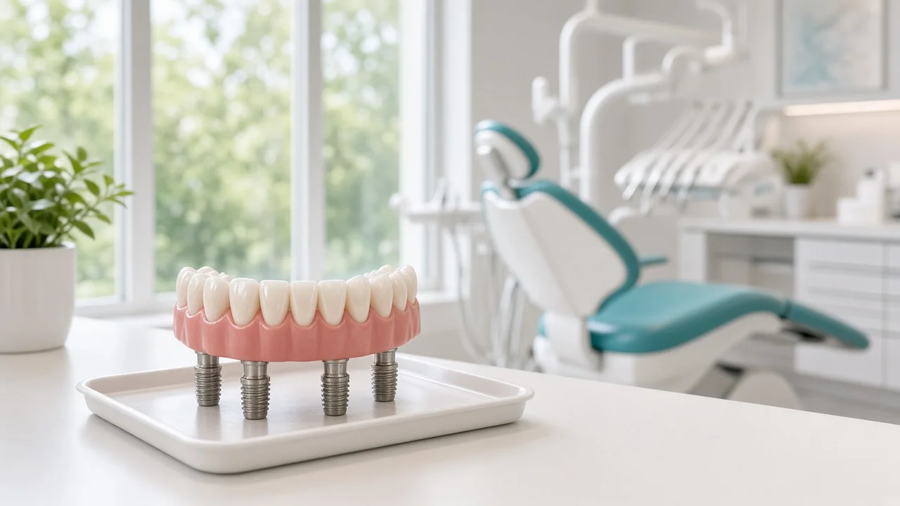 Full-arch All-on-4 implant model with four titanium posts supporting a complete row of teeth in a bright dental operatory