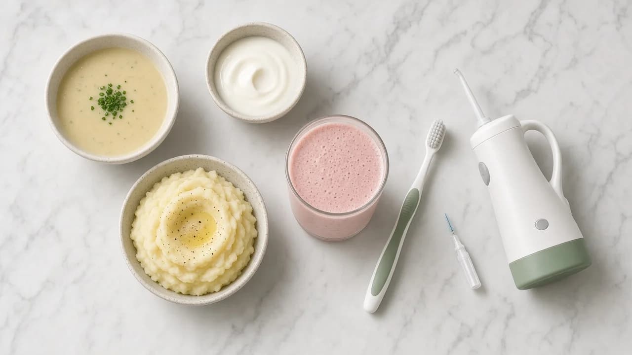 Soft foods including soup, yogurt, mashed potatoes, and a smoothie beside a soft toothbrush, water flosser, and interdental brush for All-on-4 recovery