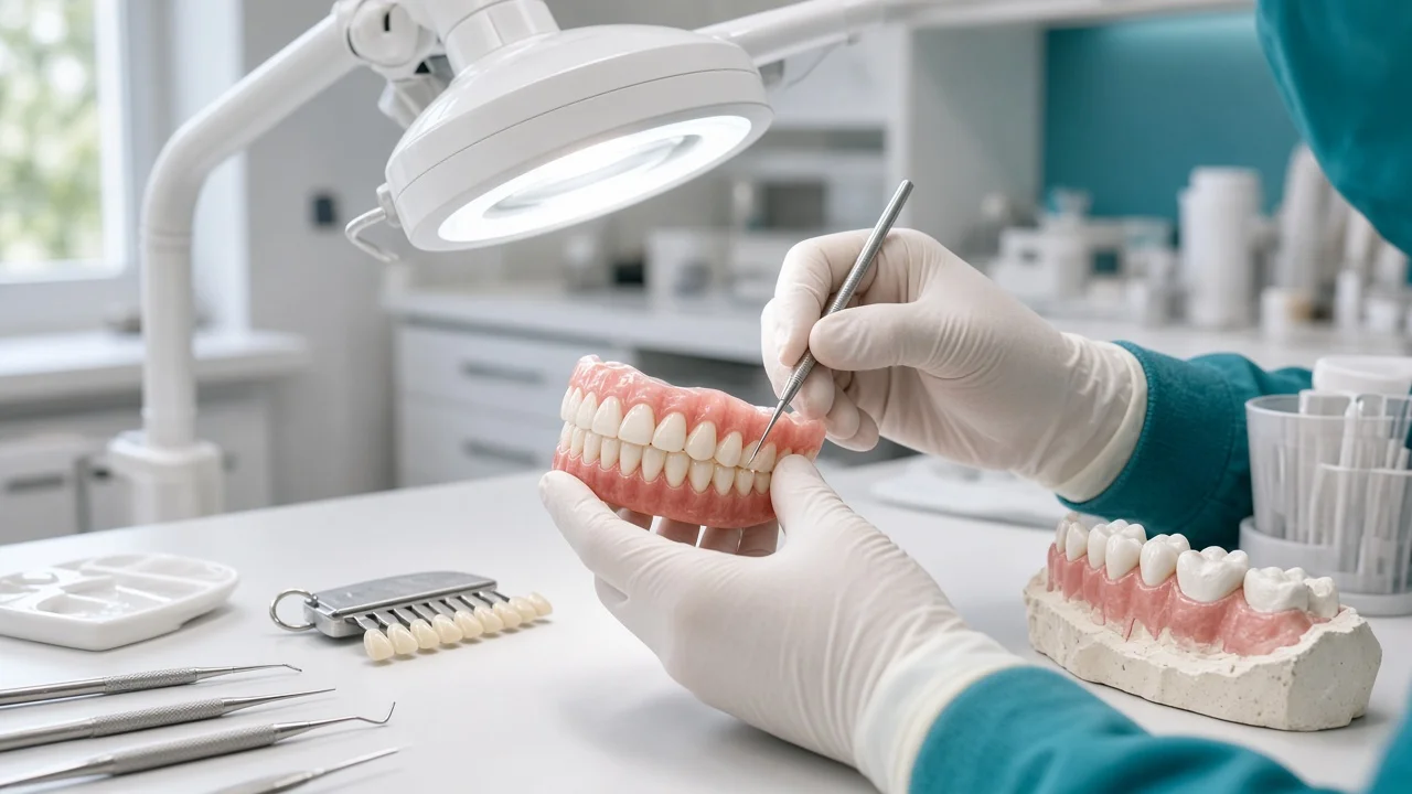 Dental technician's gloved hands finishing a full-arch prosthesis in a dental lab, with a shade guide and jaw model on the bench