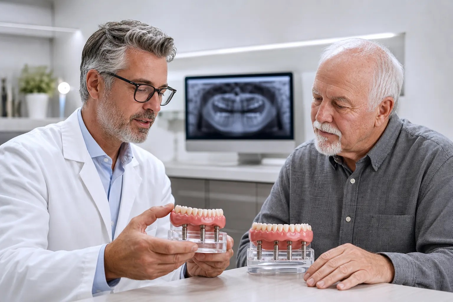 Dentist comparing four- and six-implant full-arch models with a patient during treatment planning