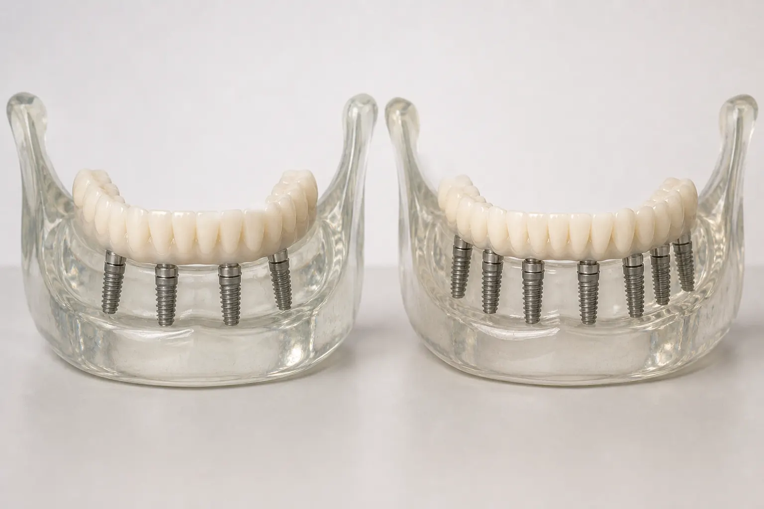 Transparent jaw models comparing full-arch bridges supported by four and six dental implants