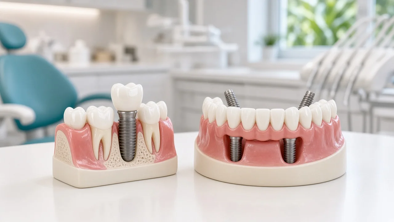 Single-tooth dental implant model with one crown beside a full-arch implant model supporting a complete row of teeth