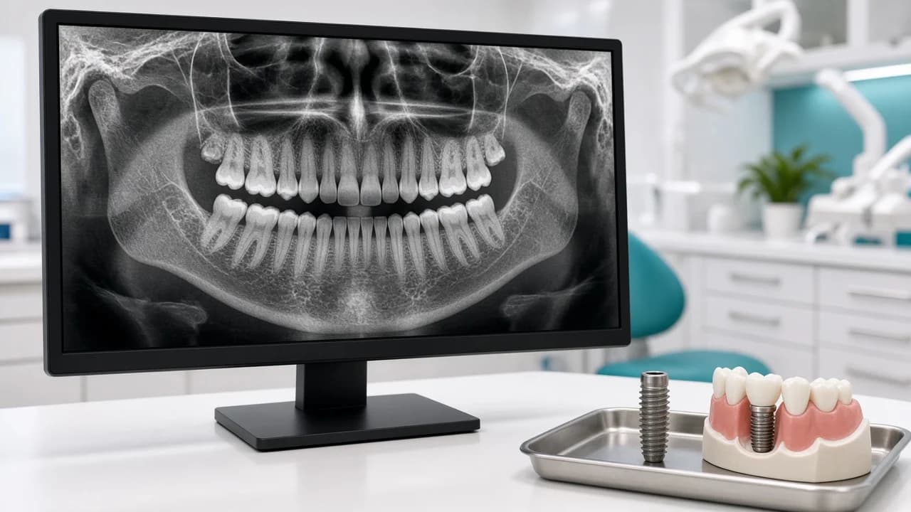 Panoramic dental X-ray of a full jaw on a monitor beside an implant post and jaw model used to plan implant treatment