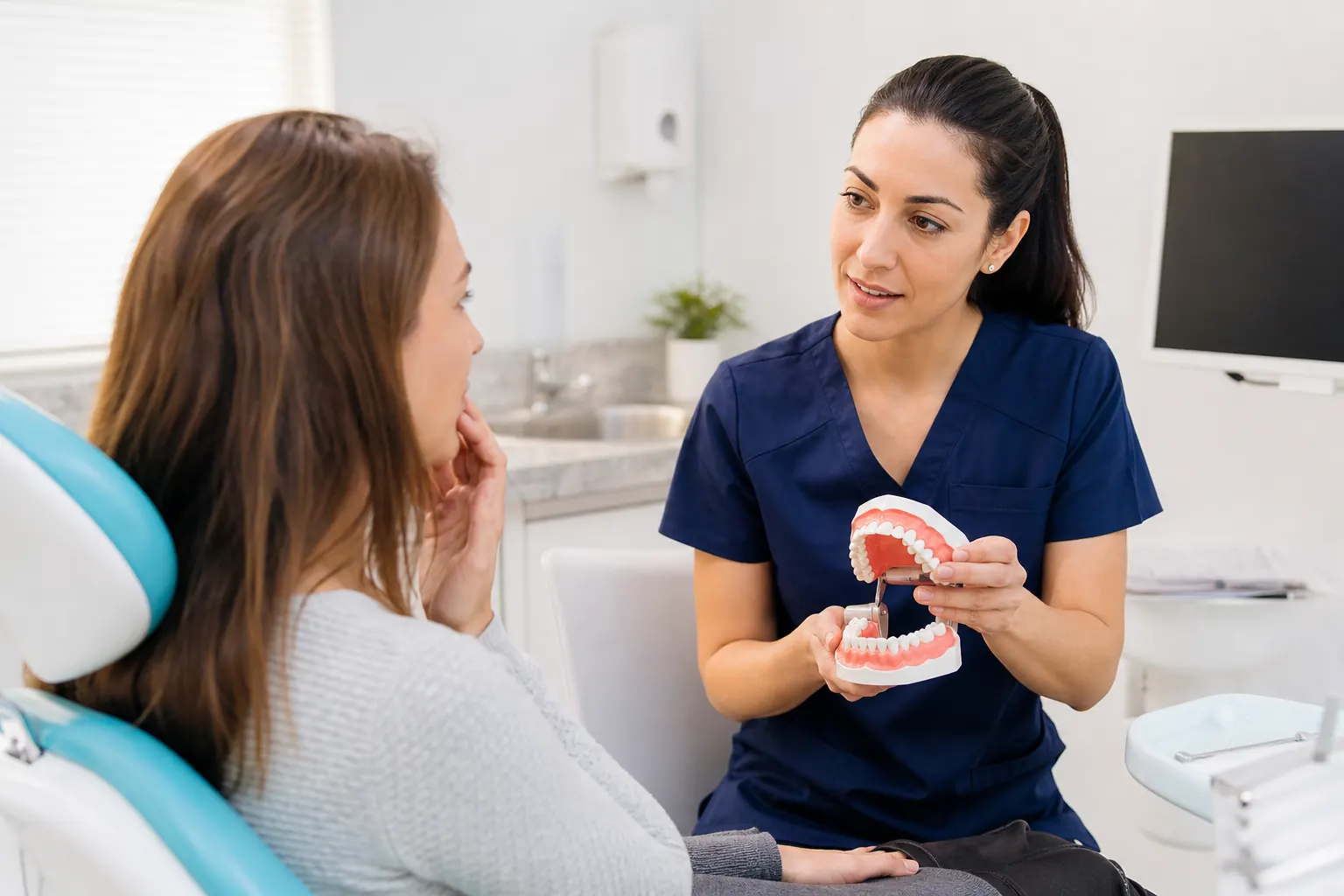 Dentist using a mouth model while discussing persistent bad breath with a patient