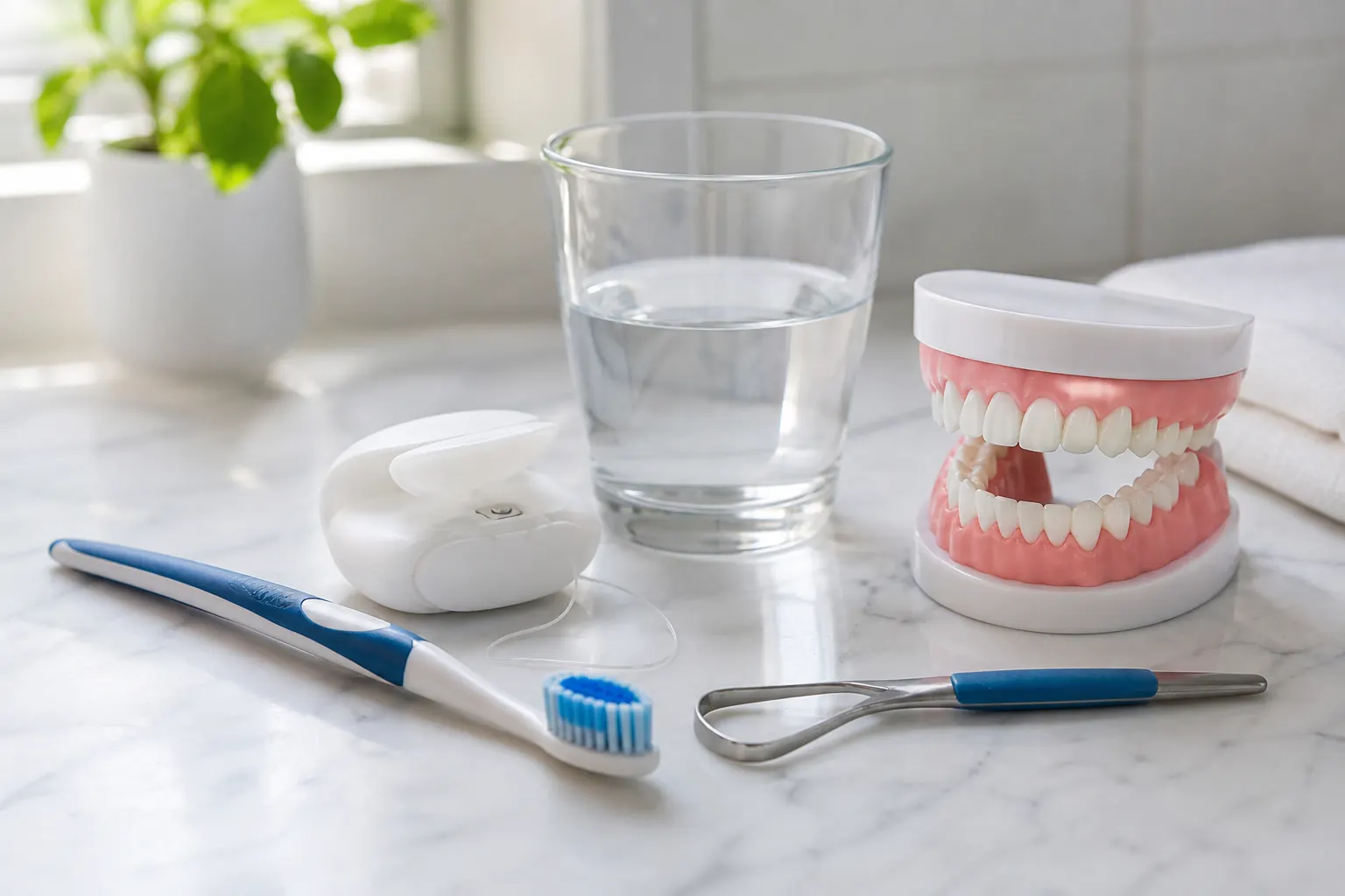 Soft toothbrush, floss, tongue cleaner, water, and a tooth model arranged for daily oral hygiene