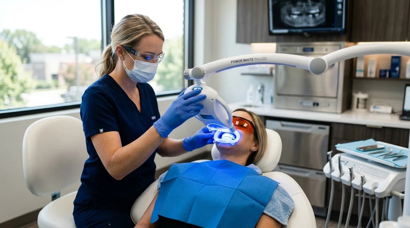 Patient receiving professional in-office teeth whitening at Meadowbrook Dental Care