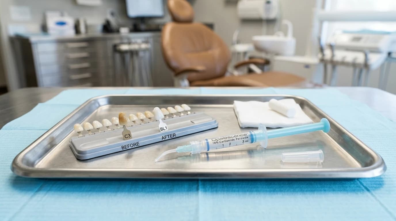 Custom whitening tray and professional whitening gel syringe on a dental tray
