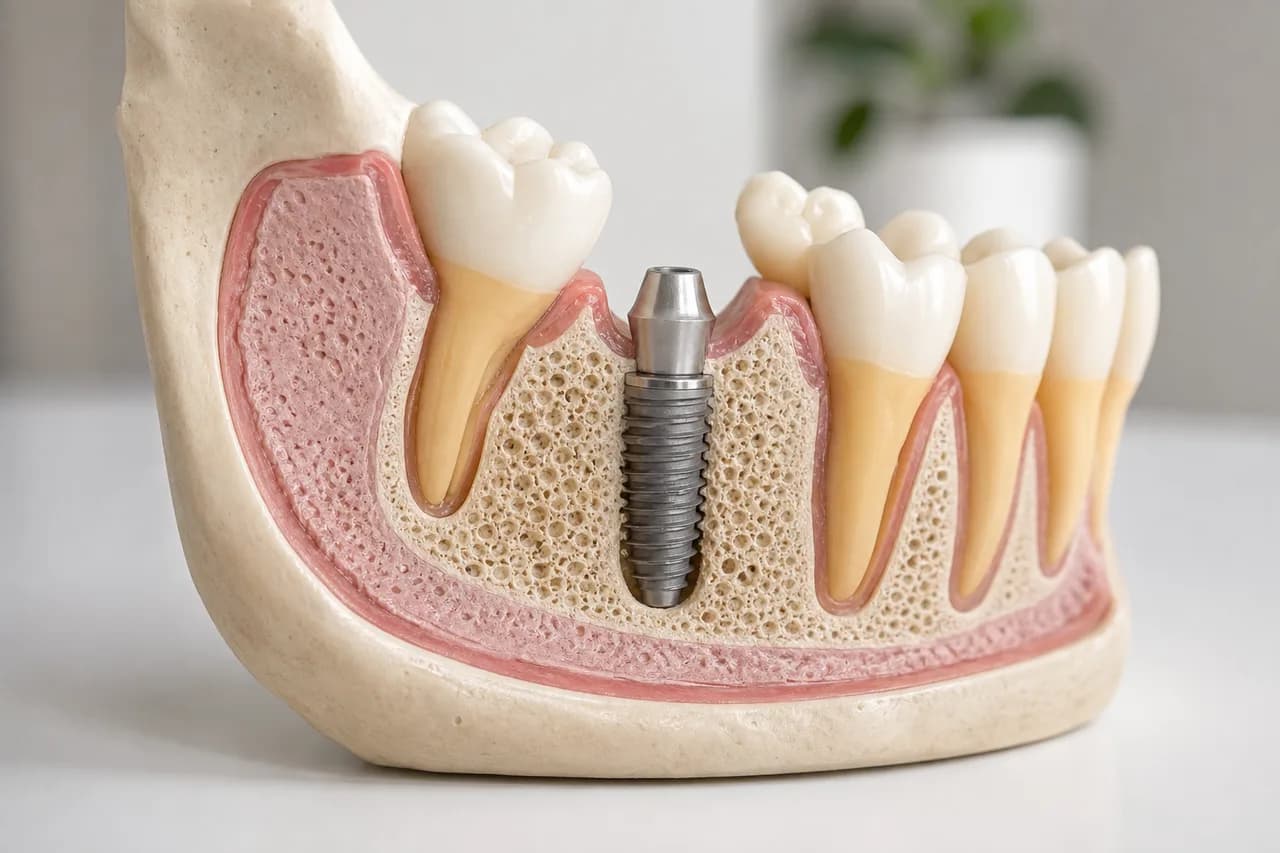Anatomical model showing a dental implant placed in healthy jawbone after bone grafting