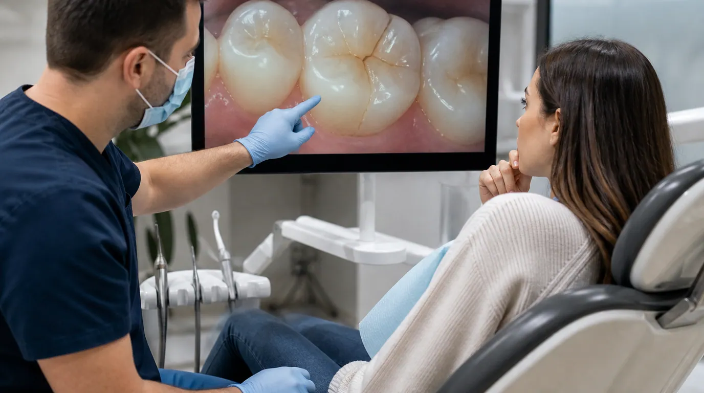 Dentist using magnification to evaluate a suspected crack in a patient's back tooth