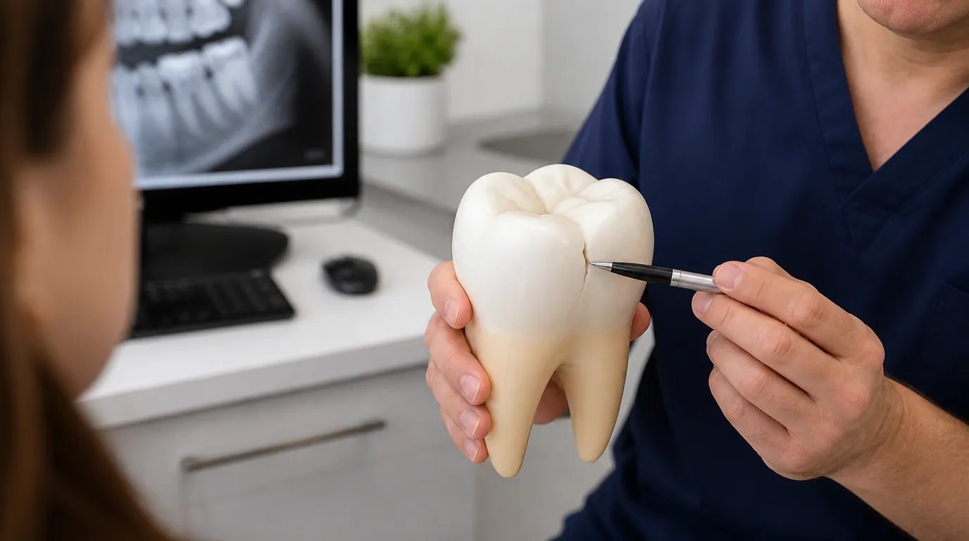 Educational dental model showing a contained crown-level crack compared with a split extending through the root