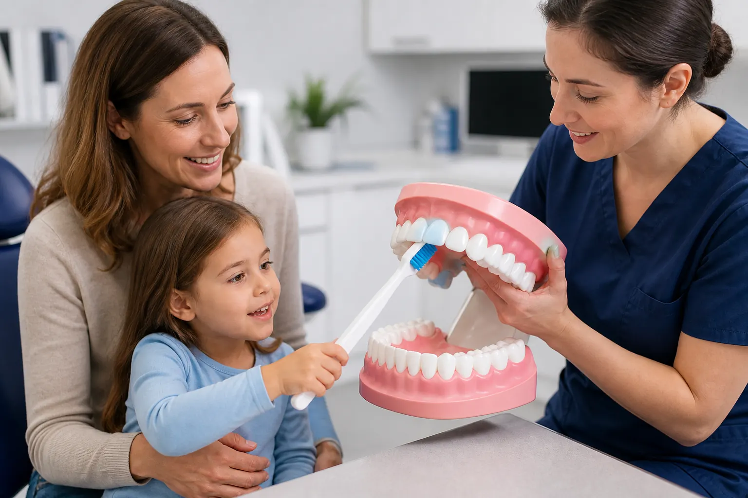 Child practicing brushing on a large tooth model with guidance from a dentist and parent