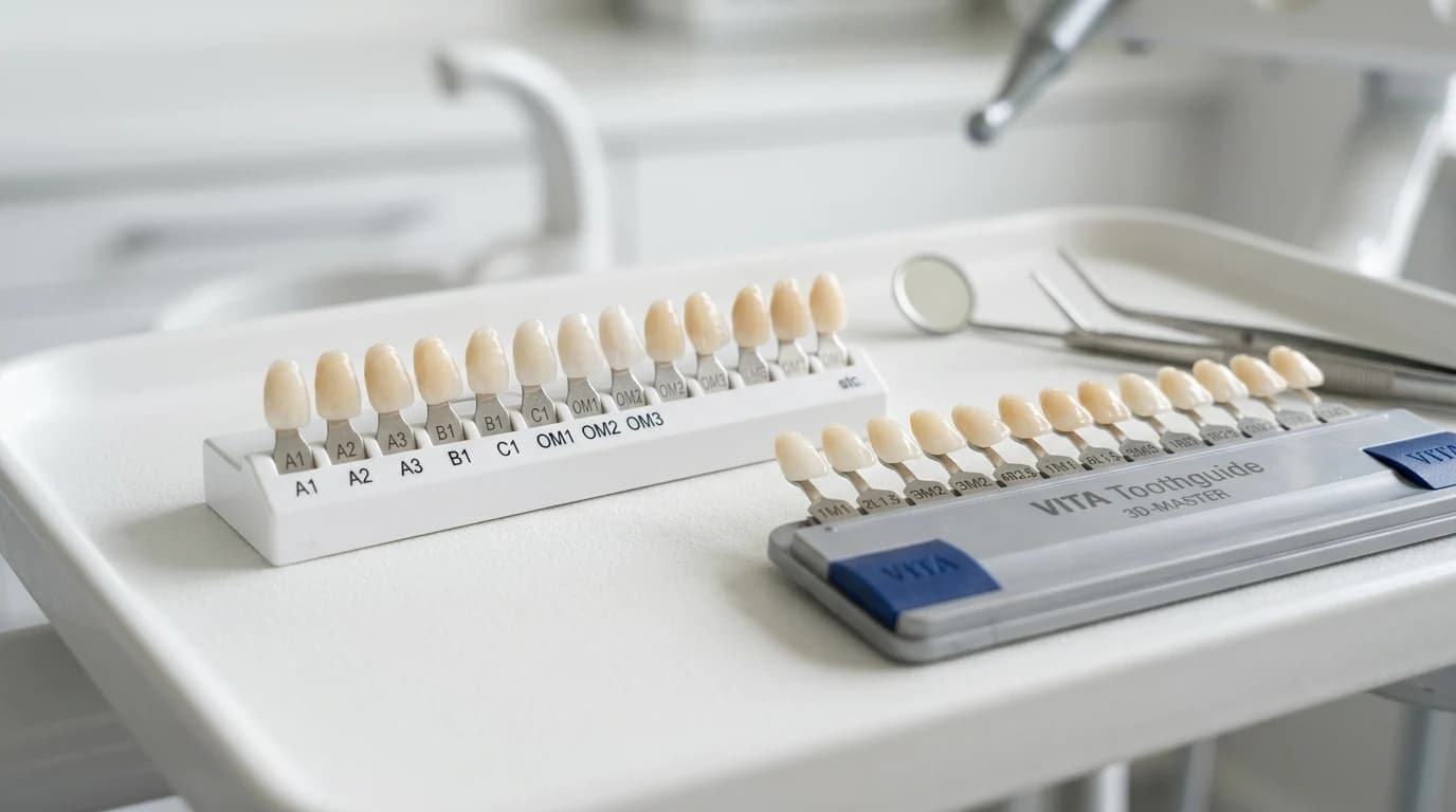 Porcelain veneer shade samples and shade guide used during cosmetic dental planning