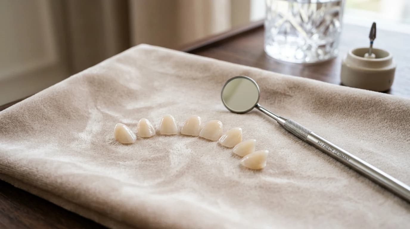 Porcelain veneer shells and shade guide arranged on a surface during cosmetic dental treatment planning