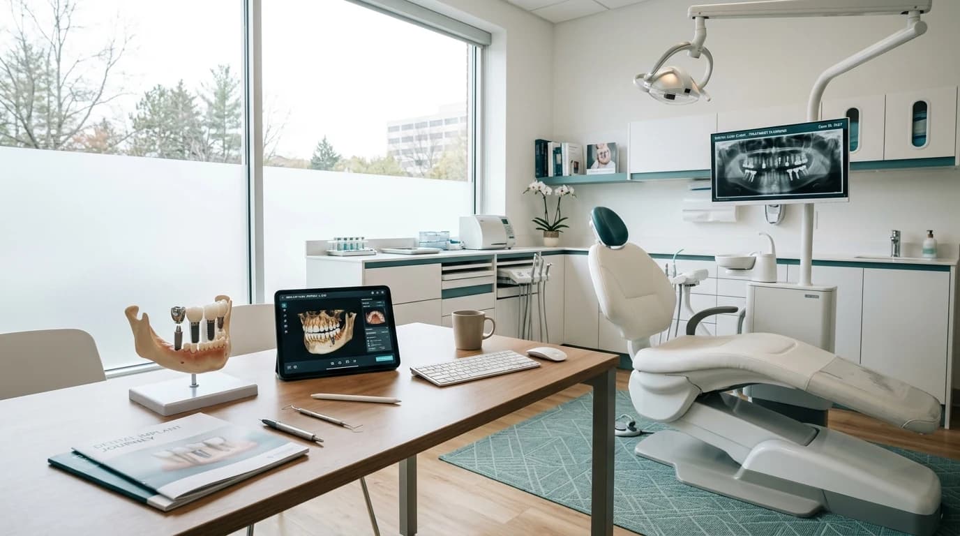 Dental implant consultation at Meadowbrook Dental Care with treatment planning materials