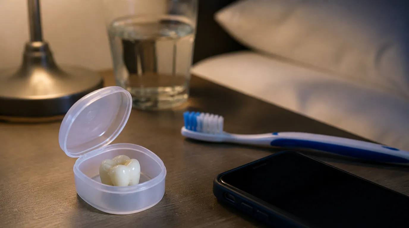 Temporary dental wax, clean container, soft toothbrush, and fallen crown arranged for safe overnight tooth care