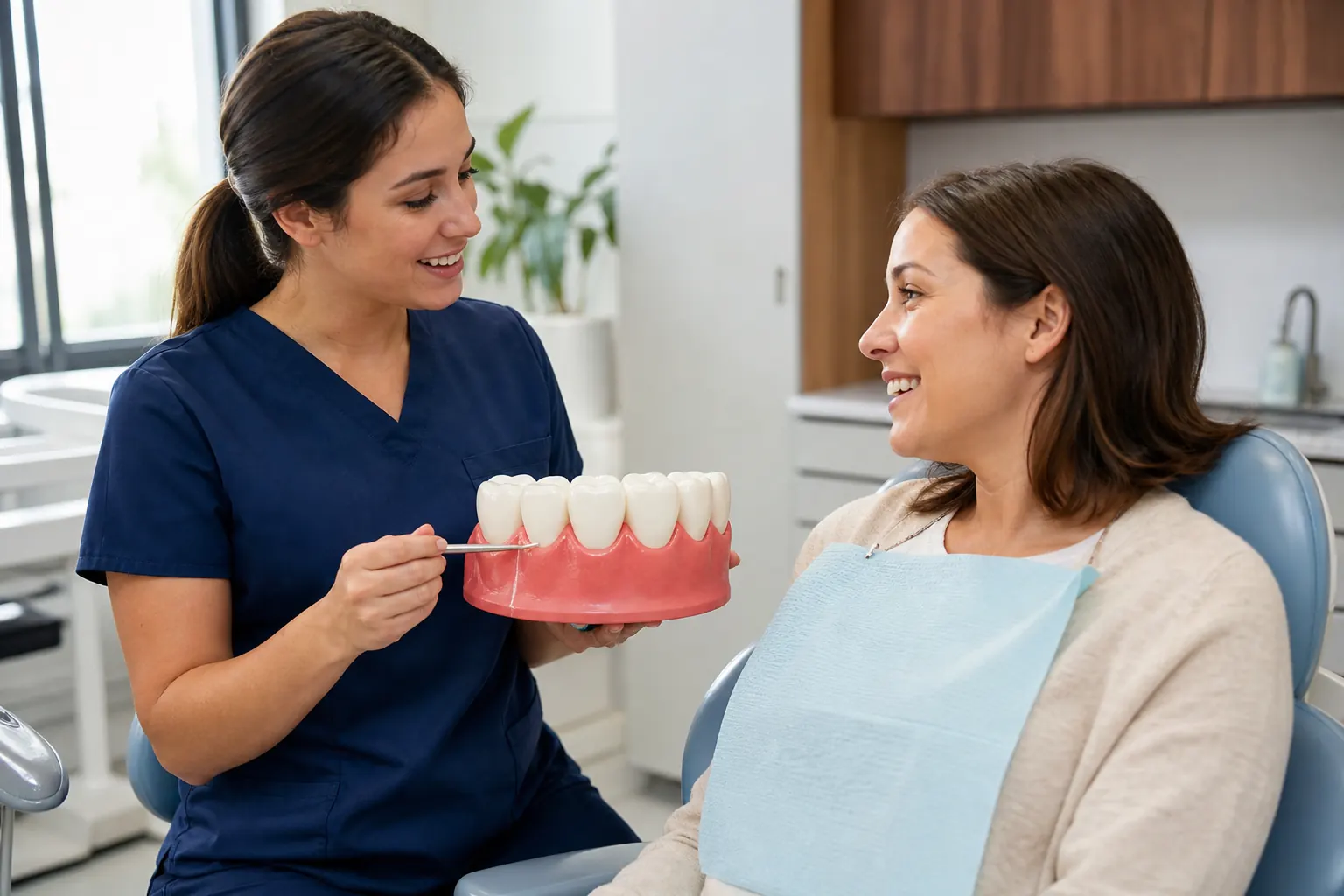 Dental hygienist using a tooth model to explain gum health and cleaning options to a patient