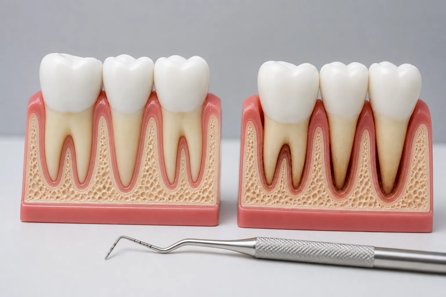 Healthy and deeper gum pocket models compared beside a periodontal probe