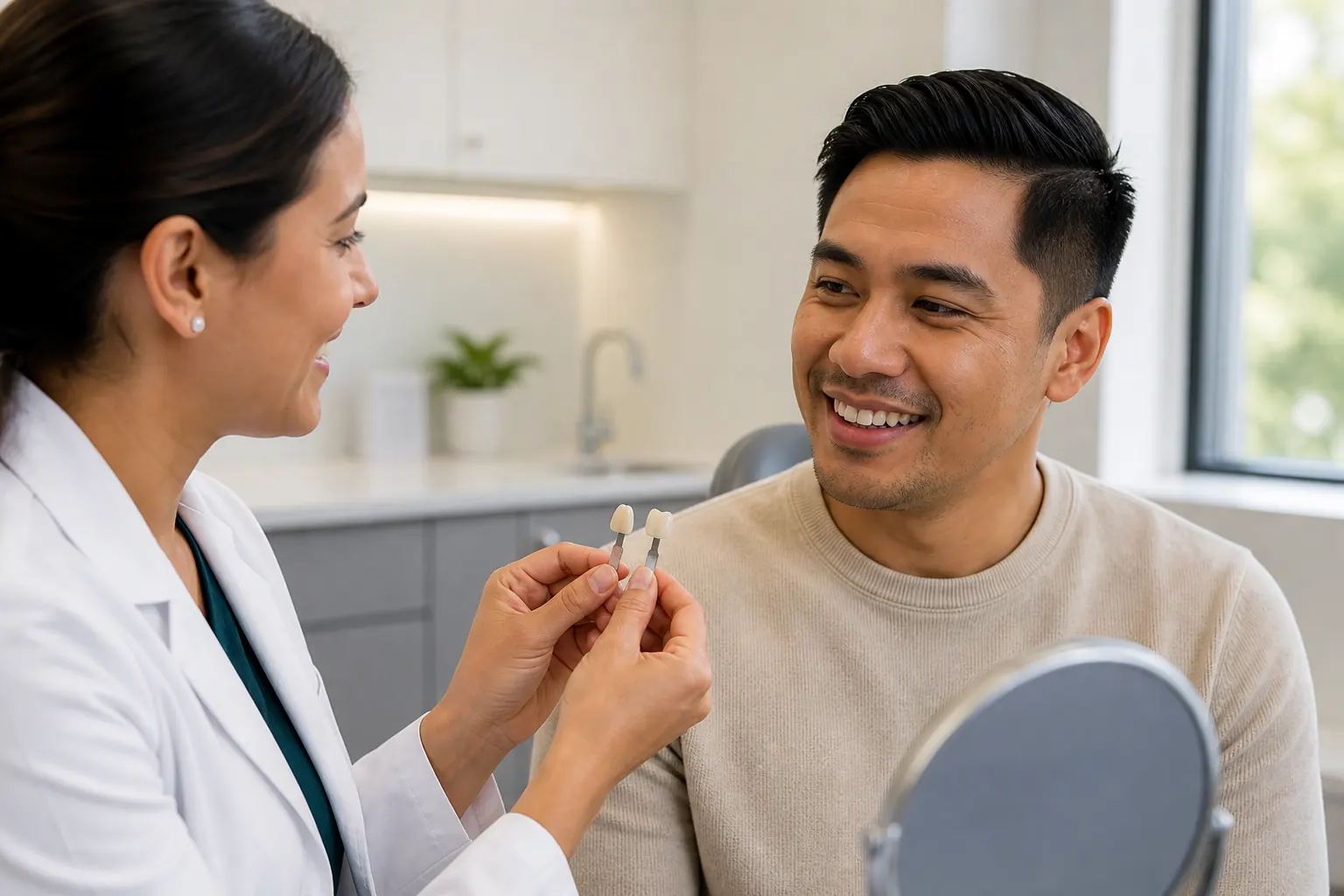 Dentist comparing natural tooth shades with a patient during a cosmetic dentistry consultation