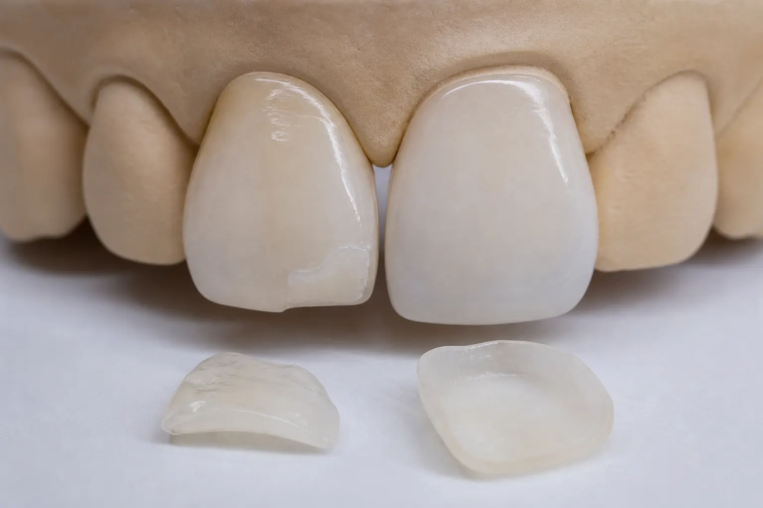 Dental model comparing a small composite bonding repair with thin porcelain veneer shells