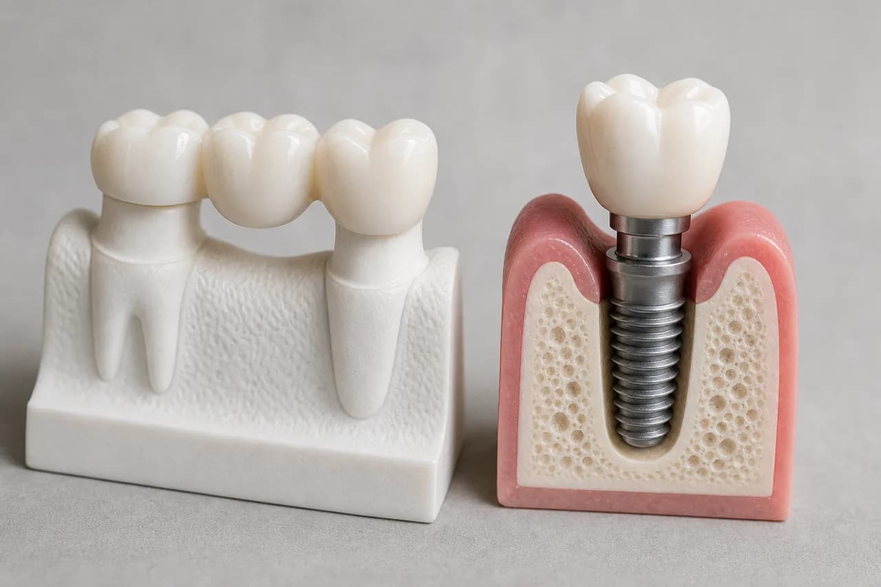 Dental model of a three-unit bridge beside a single dental implant in cross section showing the titanium post in bone