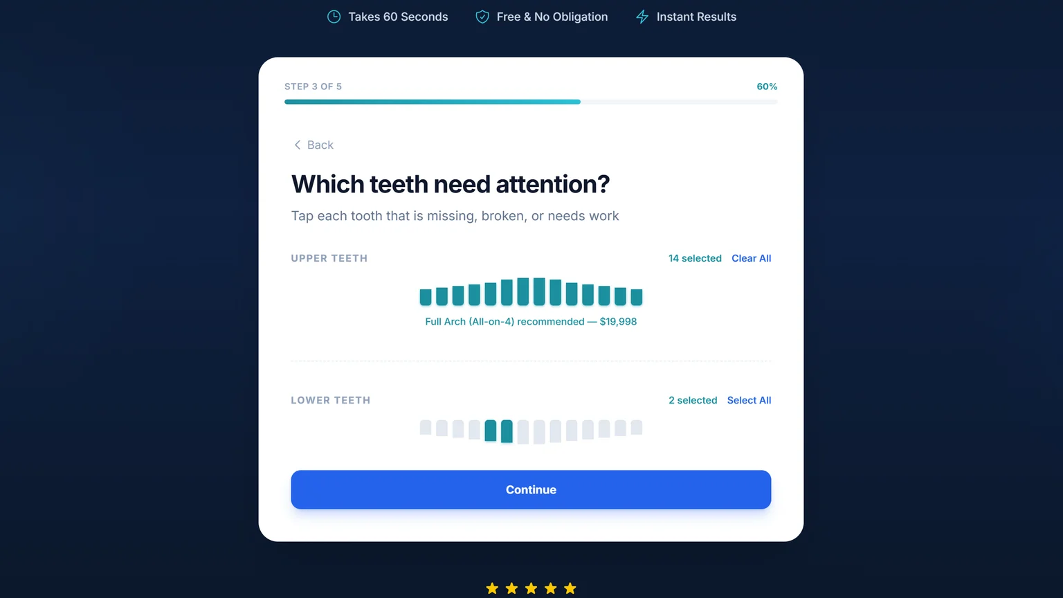 Meadowbrook Dental's free online pricing guide asking which teeth need attention, with selectable upper and lower teeth