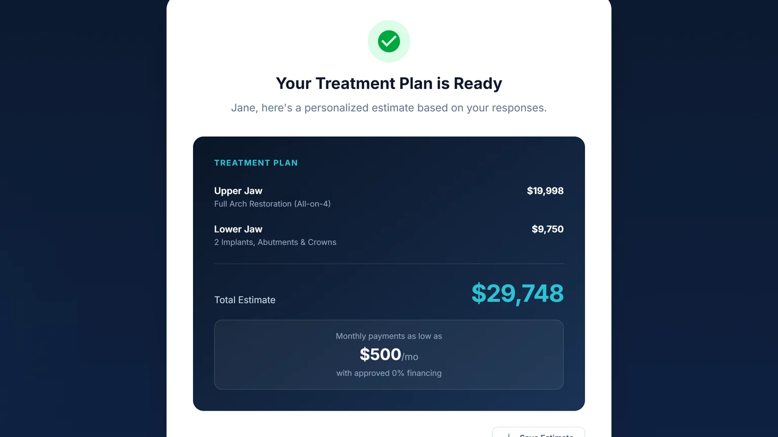 Personalized treatment estimate from the Meadowbrook Dental pricing guide showing the total cost and monthly payment options