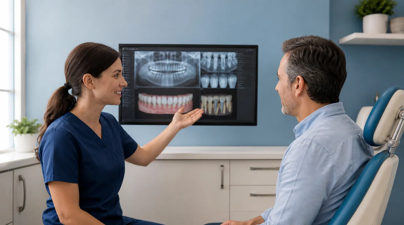 Patient reviewing a phased dental treatment plan with tooth diagrams and priority notes