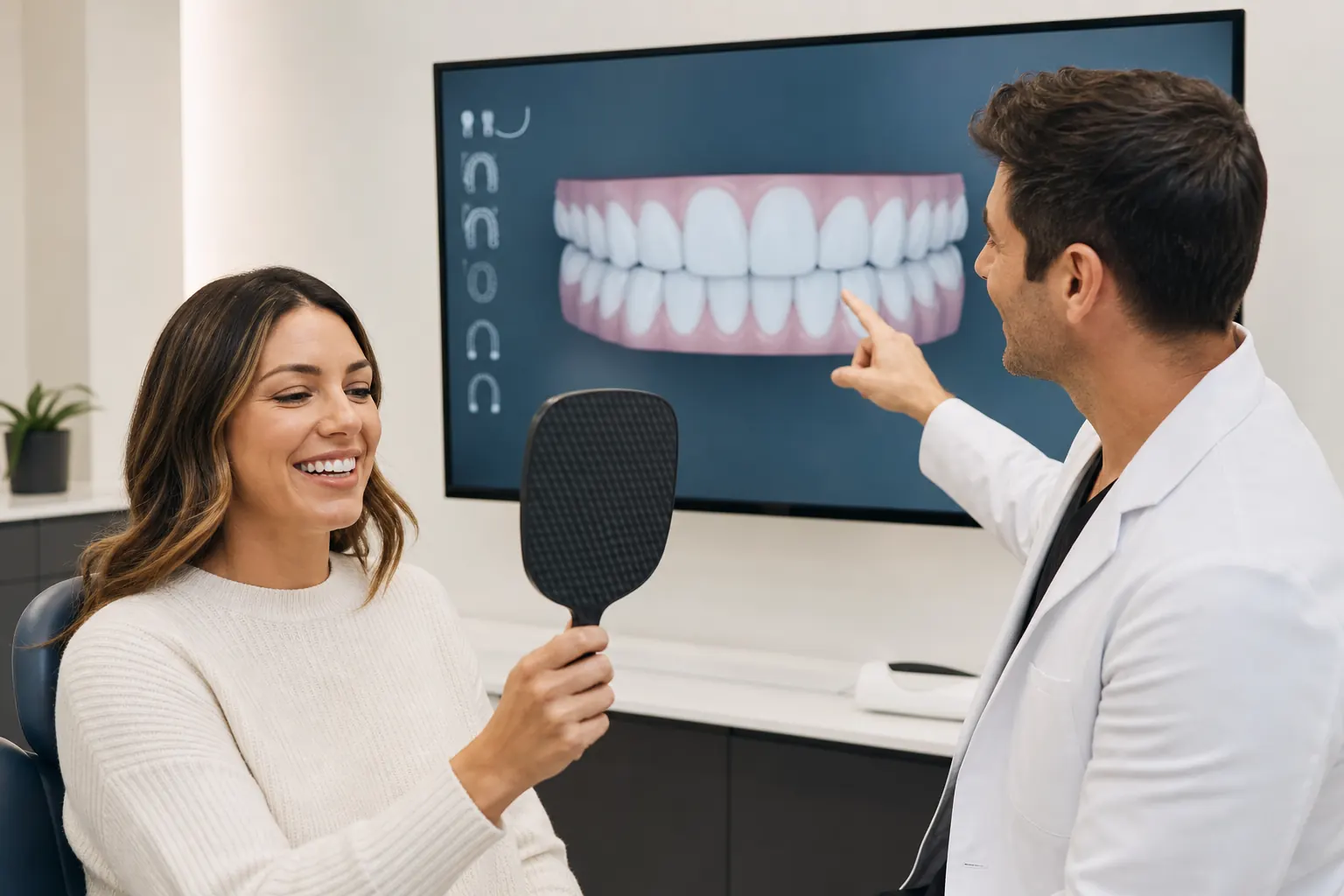 Dentist and patient reviewing a facially guided digital smile proposal on a large clinical monitor