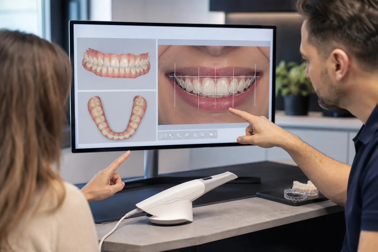 Patient and dentist reviewing an intraoral scan and proposed smile overlay beside a digital scanner
