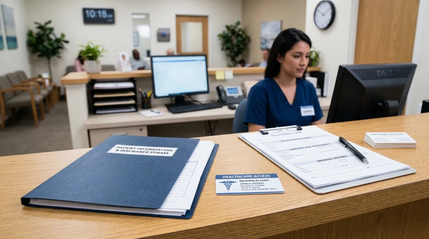 Front desk team member reviewing insurance information with a patient at Meadowbrook Dental Care