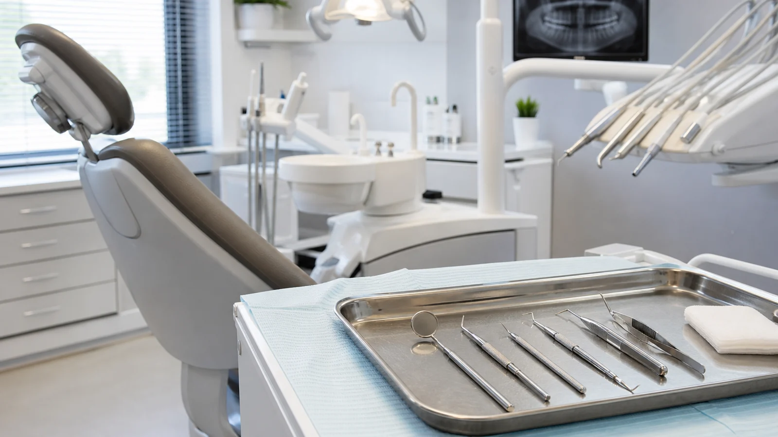 A clean, ready dental treatment room with an instrument tray prepared for a same-day emergency appointment