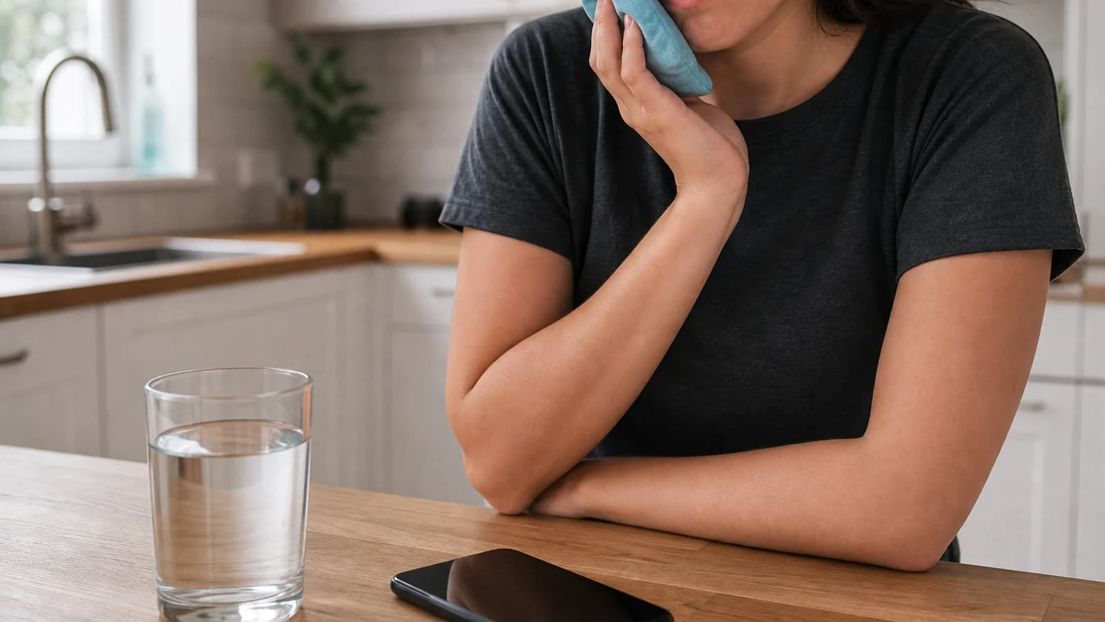 A person holding a cold compress to their cheek beside a glass of water and a phone on a kitchen counter