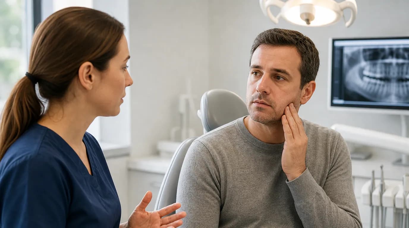 Adult noticing one-sided facial swelling and calling for urgent guidance about a painful tooth