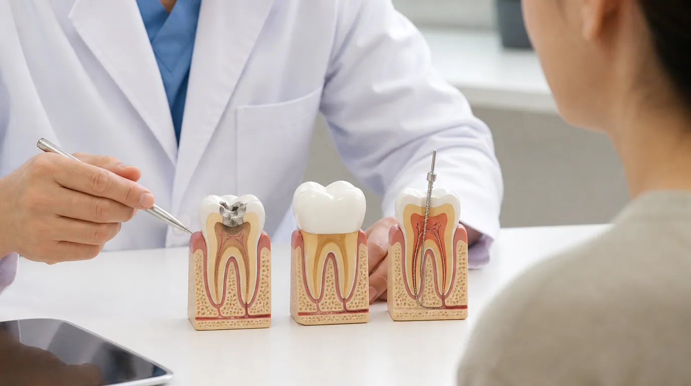 Dentist reviewing a tooth model and dental X-ray while explaining filling, crown, and root canal treatment choices