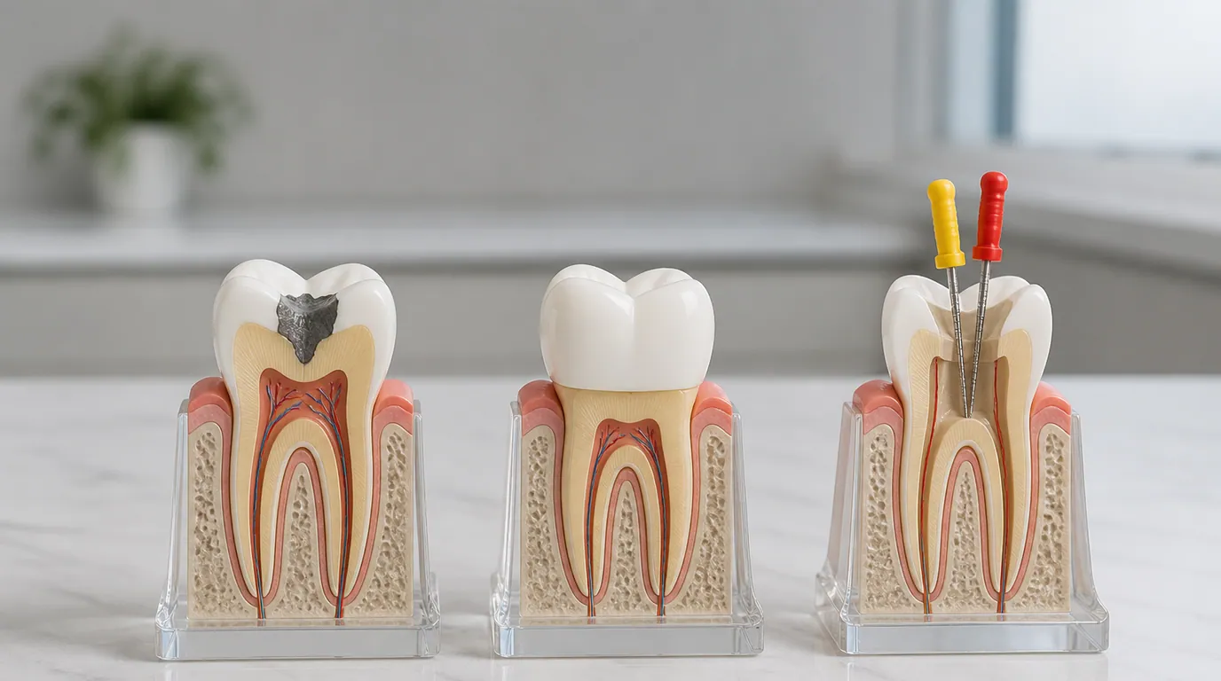 Clinical dental models comparing a small tooth filling, a full-coverage crown, and a root canal-treated tooth