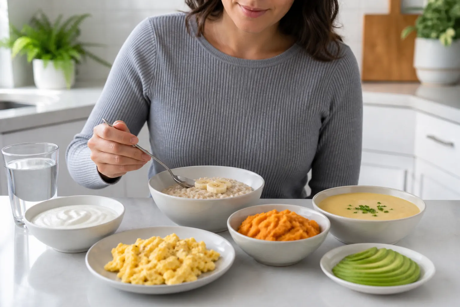 Patient choosing a balanced spread of soft foods for comfortable eating after dental treatment