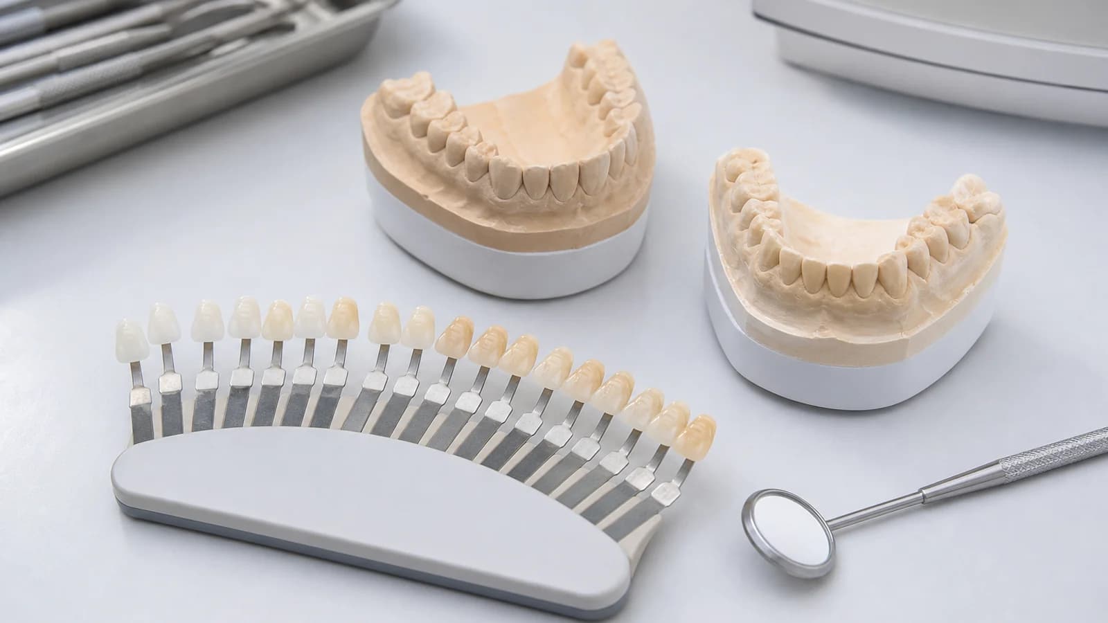 Dental treatment planning models and a shade guide arranged on a clean clinical desk for a full-mouth reconstruction plan