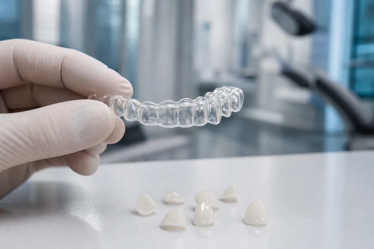 Clear aligner tray and porcelain veneer shells used to close gaps between teeth