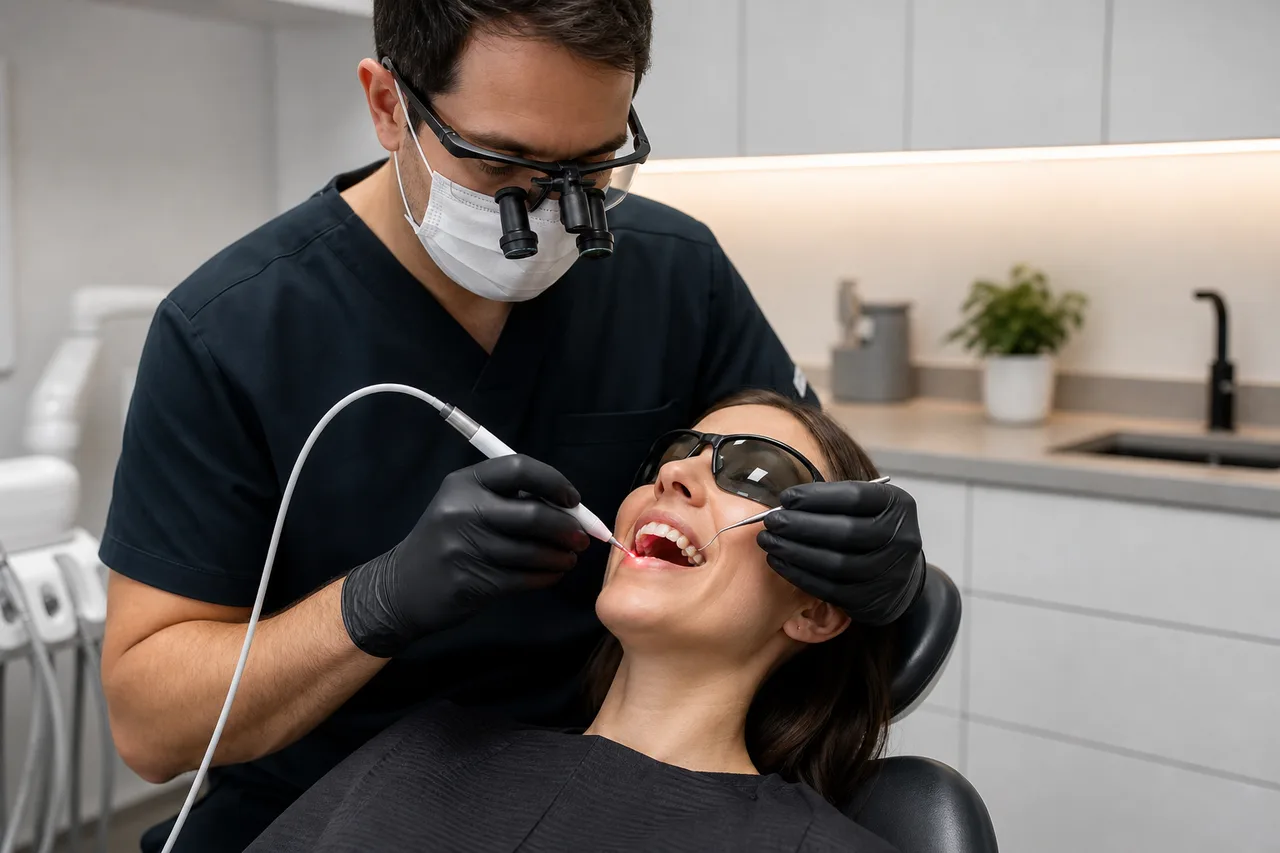 Dentist performing gentle laser gum recontouring on a relaxed patient at Meadowbrook Dental Care