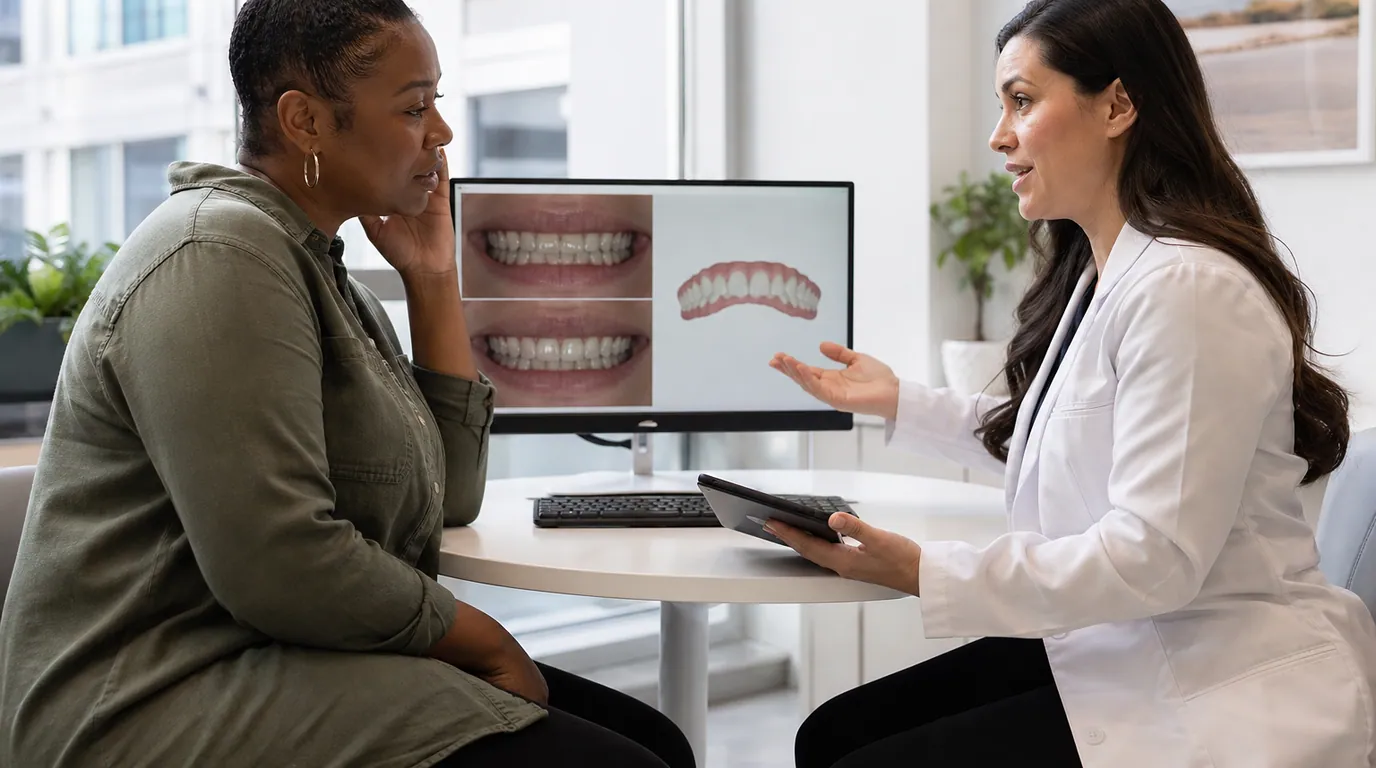 Patient having a calm, private smile-planning conversation with a dentist in a consultation room