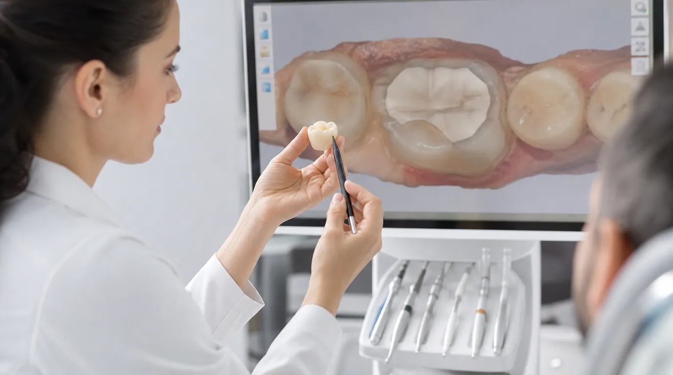 Dentist examining a heavily damaged back tooth to determine whether it can support a crown