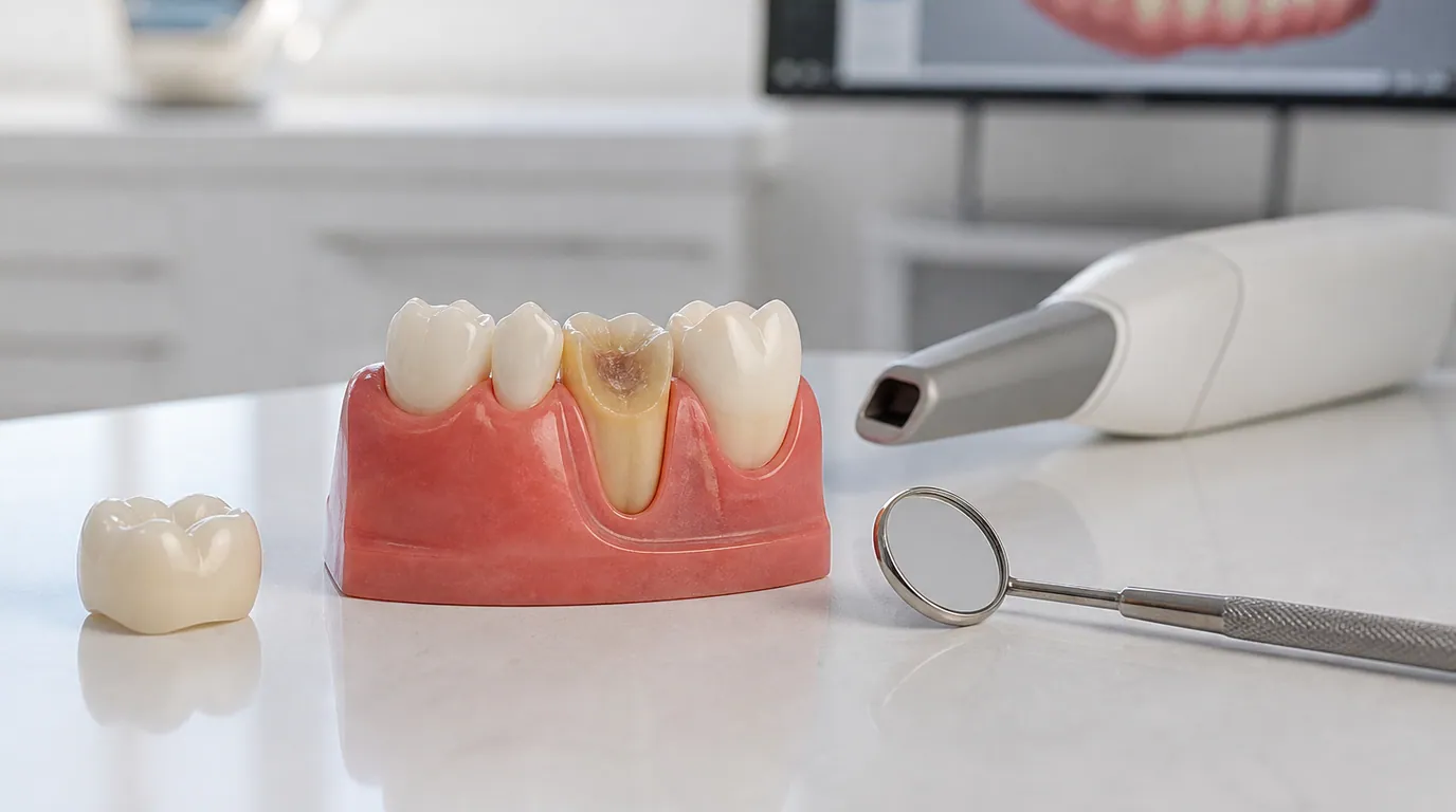 Dental model comparing a damaged tooth, a rebuilt core, and the completed crown placed over it