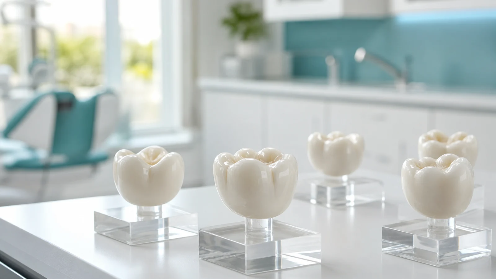 A row of dental crown educational models showing porcelain, zirconia, metal, and resin options on a dental office counter