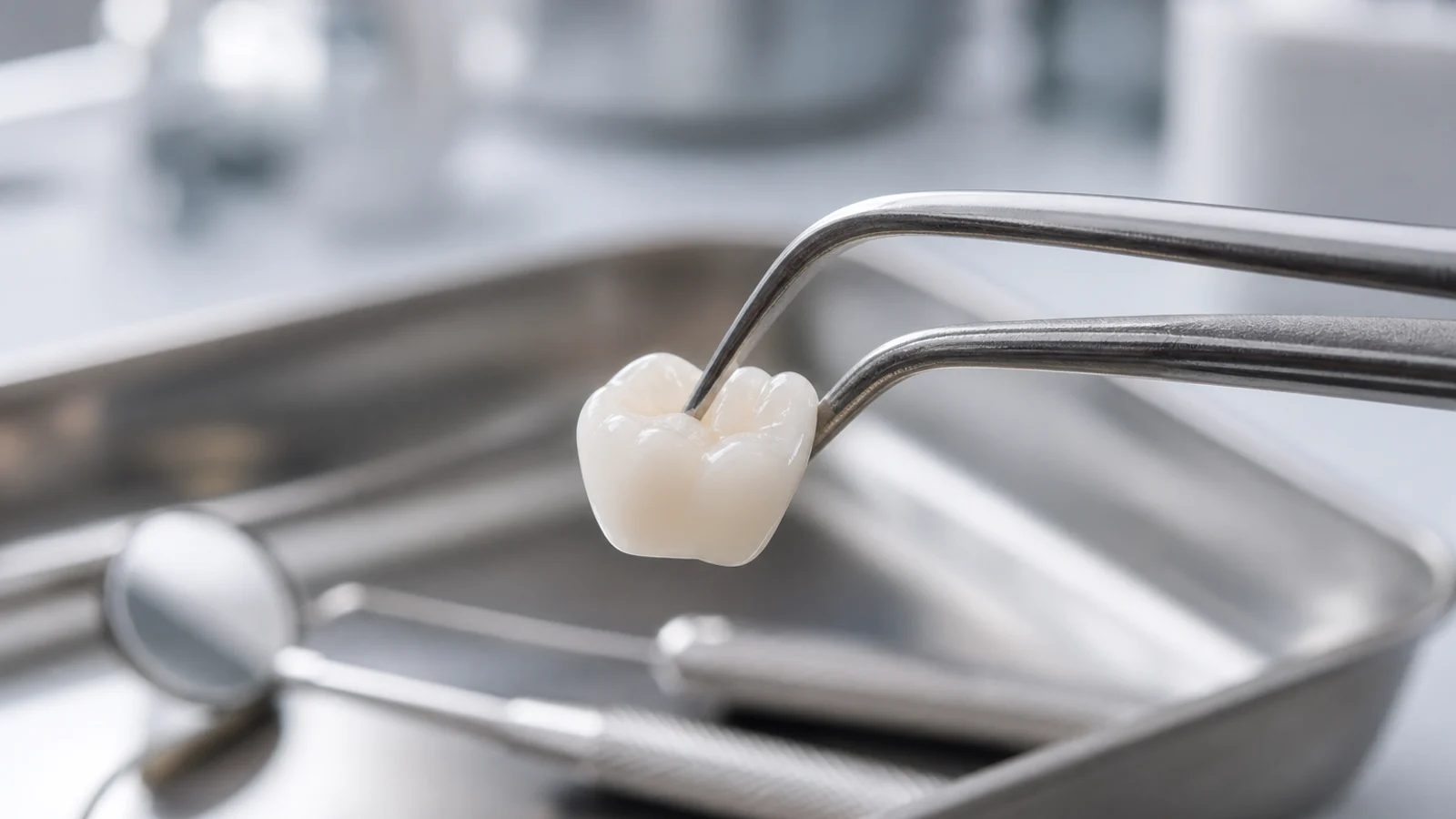 A single white porcelain dental crown held in dental tweezers over a sterile instrument tray