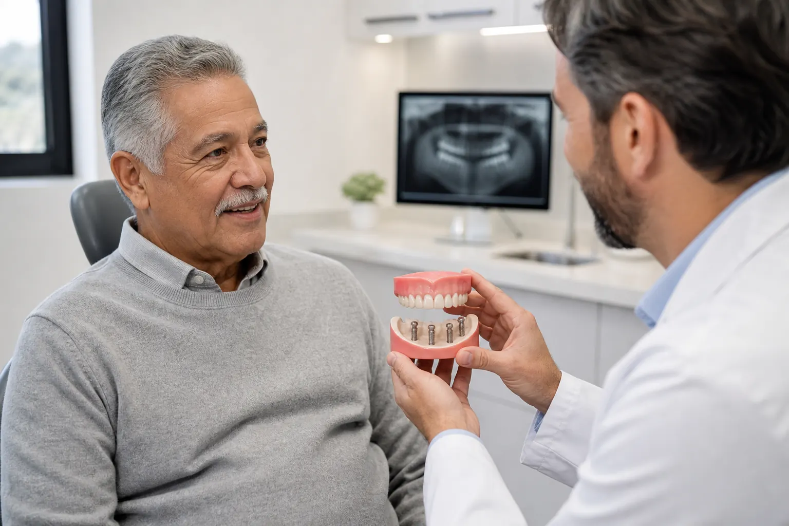 Dentist showing an implant-supported denture model to a patient during a tooth replacement consultation