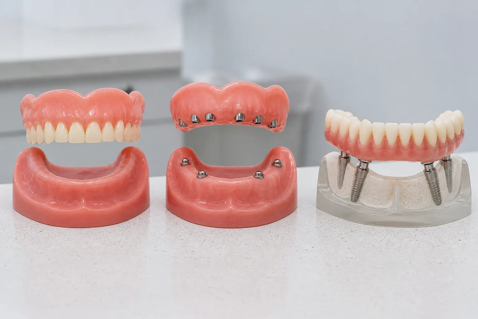 Models comparing conventional dentures, snap-in dentures, and a fixed full-arch implant bridge