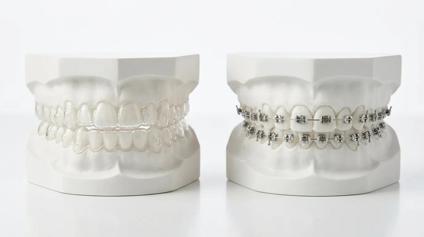 Adult patient comparing Invisalign clear aligners and traditional braces at Meadowbrook Dental Care