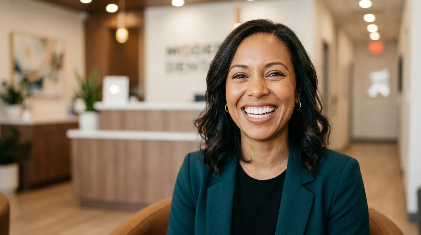 Confident patient smiling after front tooth replacement at a modern dental practice