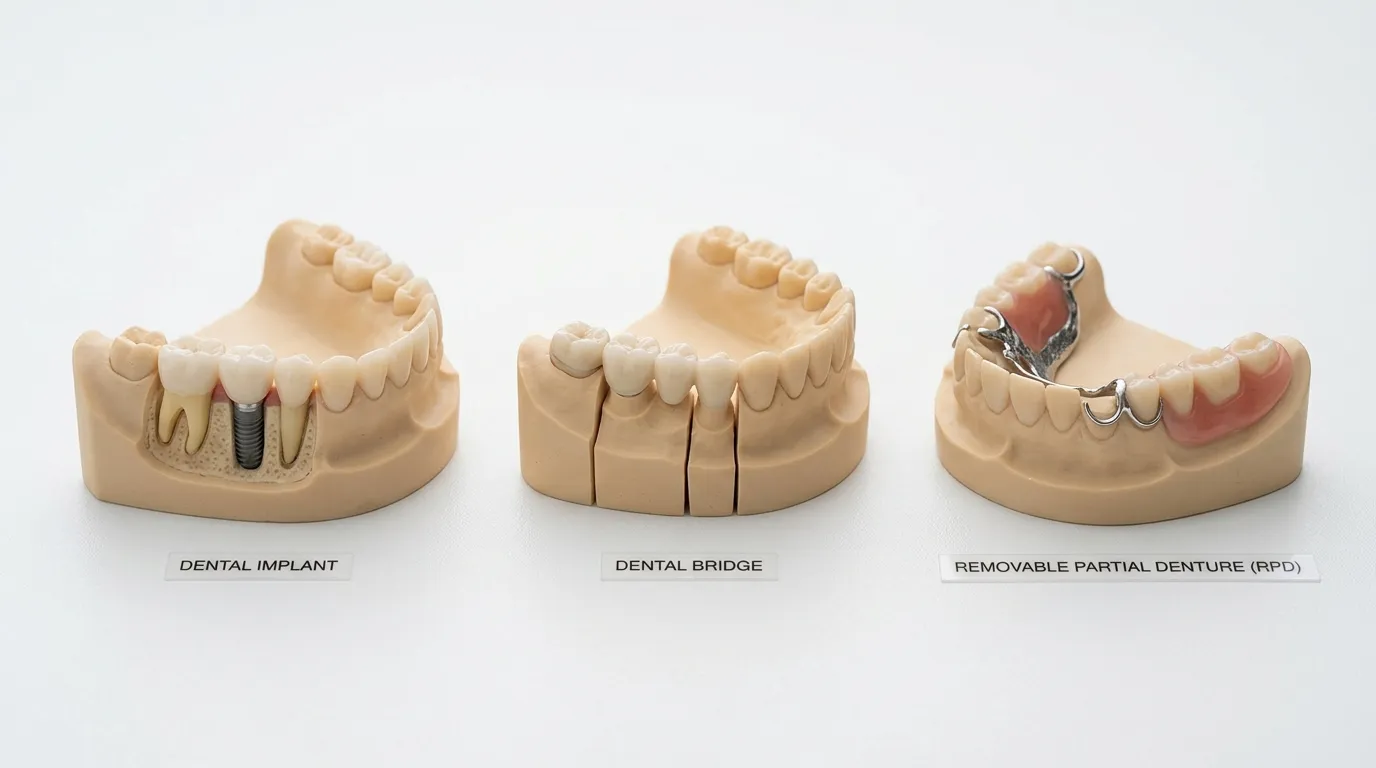 Side-by-side comparison of a dental implant and a dental bridge for front tooth replacement